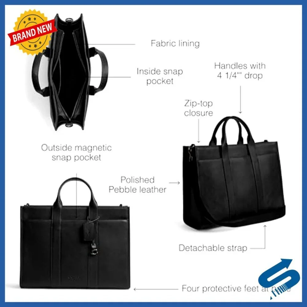 Leather Tote with Detachable Strap, Zipper Closure, Protective Feet